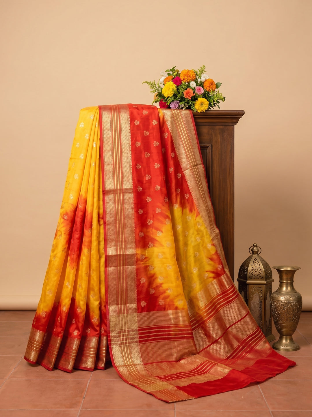 PREMIUM LIGHTWEIGHT GEORGETTE LEHERIYA SAREE WITH GOLDEN BUTTI & ZARI WOVEN BORDER - YELLOW & RED