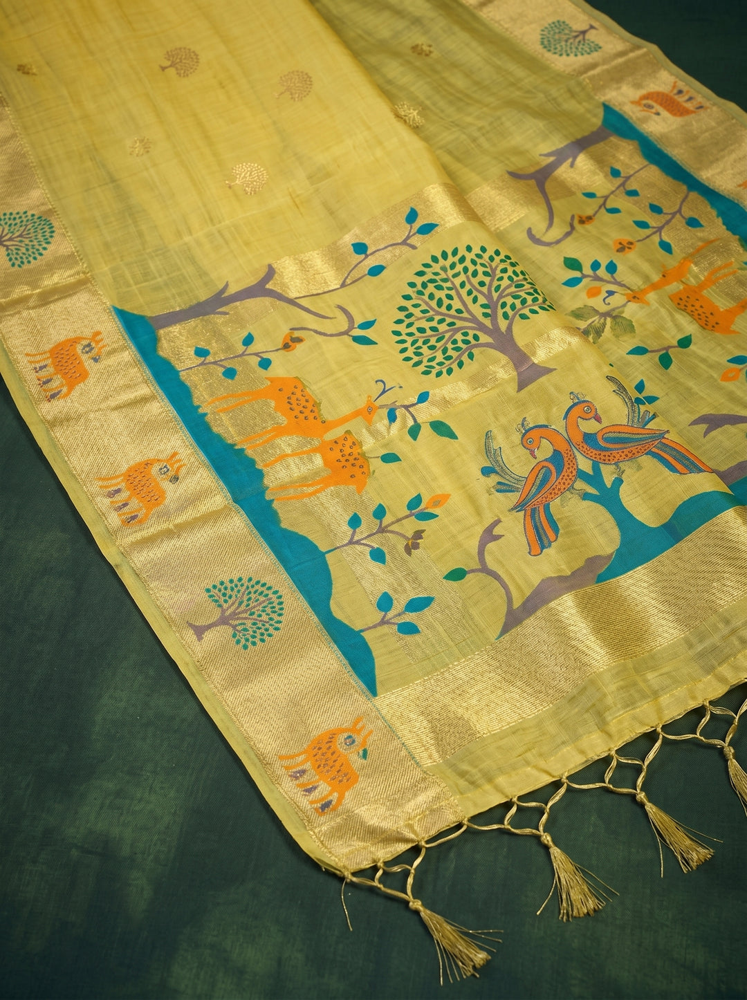 LEMON YELLOW SOFT COTTON SILK JACQUARD SAREE WITH GOLDEN ZARI BORDER | NATURE-THEMED TREE & DEER MOTIF SAREE WITH UNSTITCHED BLOUSE PIECE