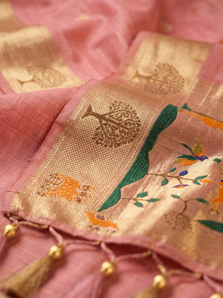 PEACH PINK SOFT COTTON SILK JACQUARD SAREE WITH COPPER-GOLDEN ZARI BORDER | NATURE-INSPIRED TREE & DEER MOTIF SAREE WITH UNSTITCHED BLOUSE