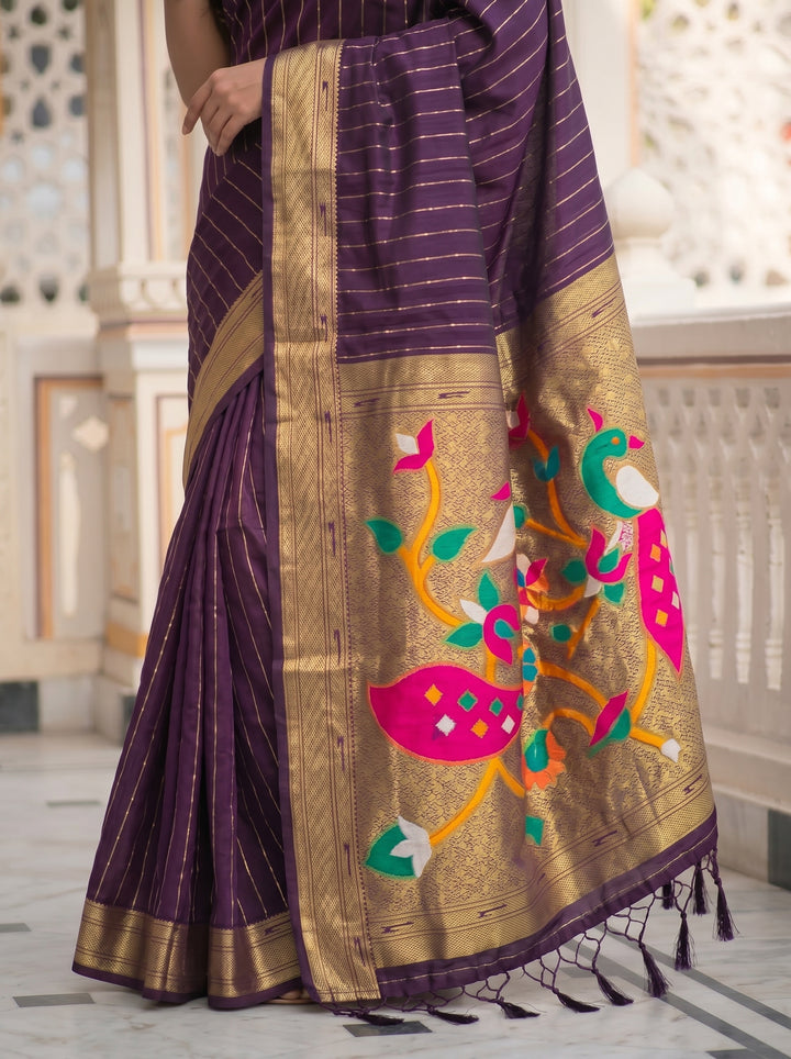 ROYAL WINE SOFT SILK PAITHANI STYLE SAREE WITH PEACOCK MOTIFS & ZARI BORDER | VERTICAL GOLD ZARI LINES FESTIVE SAREE WITH UNSTITCHED BLOUSE PIECE