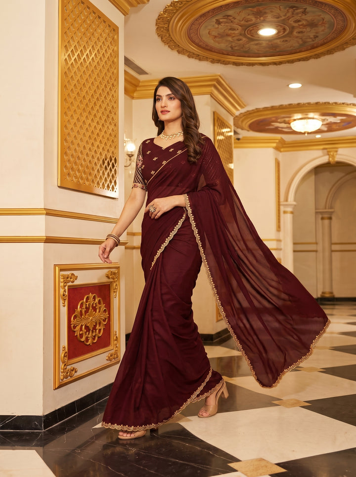 PREMIUM SOFT TANYA SILK SAREE WITH GOLDEN SCALLOPED CUTWORK BORDER & HEAVY EMBROIDERY BLOUSE