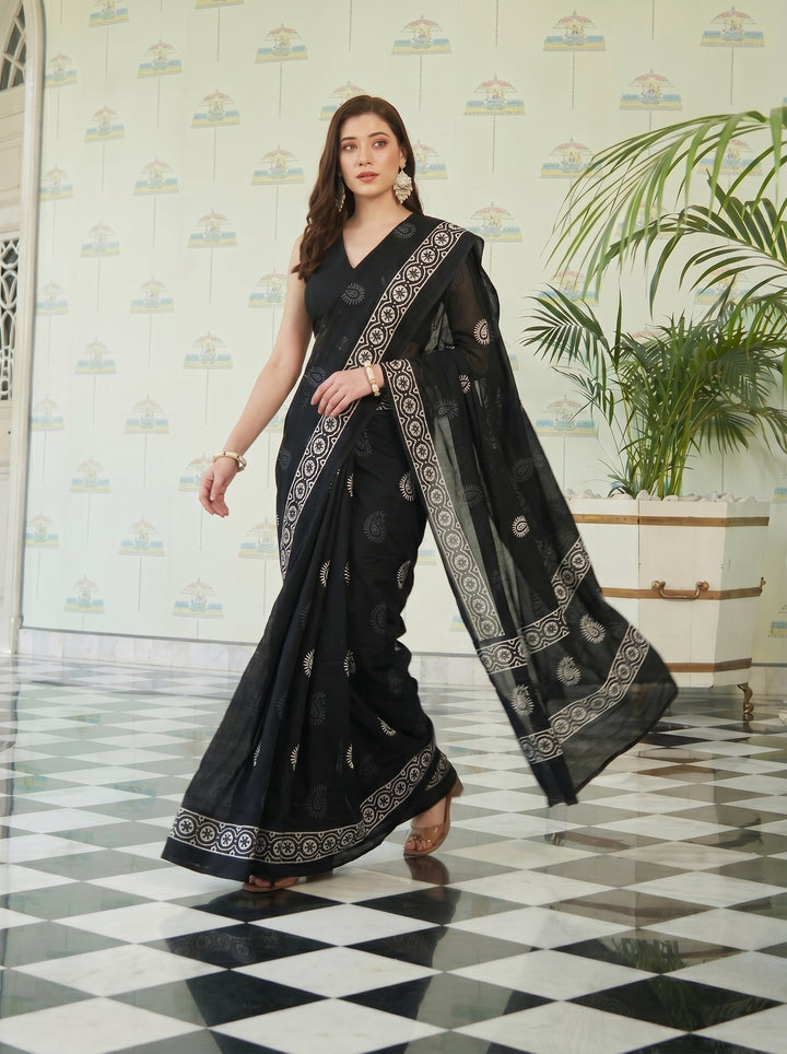 PREMIUM SOFT CREPE GEORGETTE SAREE WITH TRADITIONAL WHITE PRINT & DESIGNER BORDER - BLACK