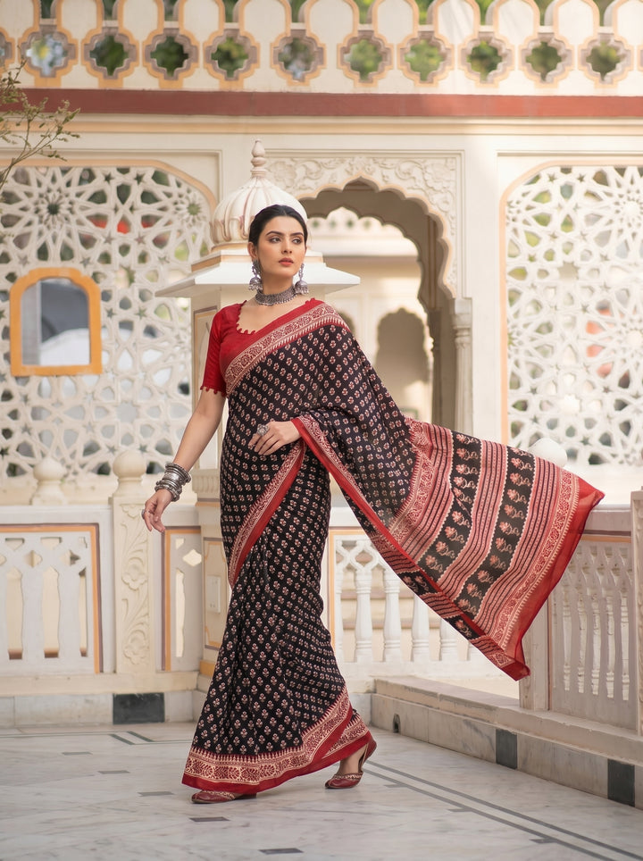 PREMIUM SOFT ART SILK SAREE WITH TRADITIONAL ALL-OVER BOOTI PRINT & CONTRAST WOVEN BORDER - BLACK & RED