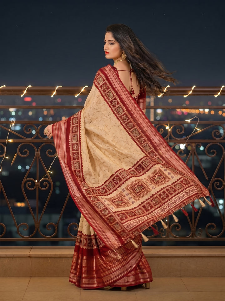 OFF-WHITE CREAM SOFT SILK SAREE - DARK RED MAROON BORDER WITH ETHNIC ELEPHANT BLOCK-PRINT DESIGN