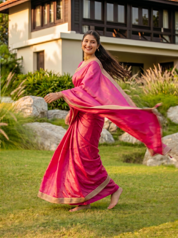 STUNNING RANI PINK METALLIC SHIMMER SAREE | DEEP MAGENTA DESIGNER ETHNIC WEAR WITH CUTWORK BORDER
