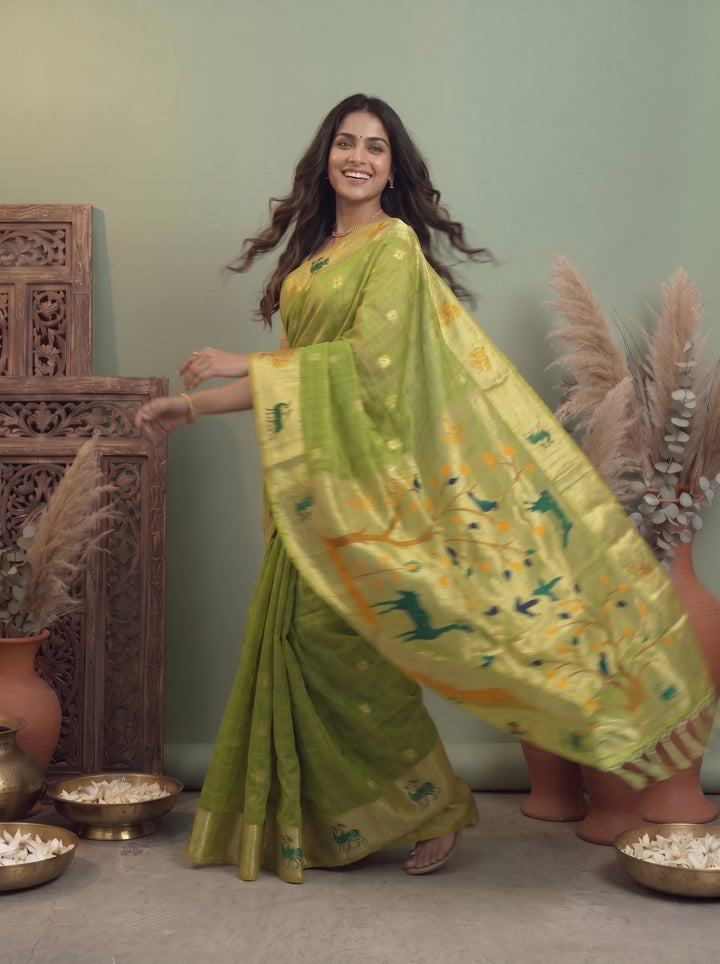 MEHENDI GREEN SOFT COTTON SILK JACQUARD SAREE WITH GOLDEN ZARI BORDER | DEER & TREE MOTIF DESIGNER SAREE WITH UNSTITCHED BLOUSE PIECE