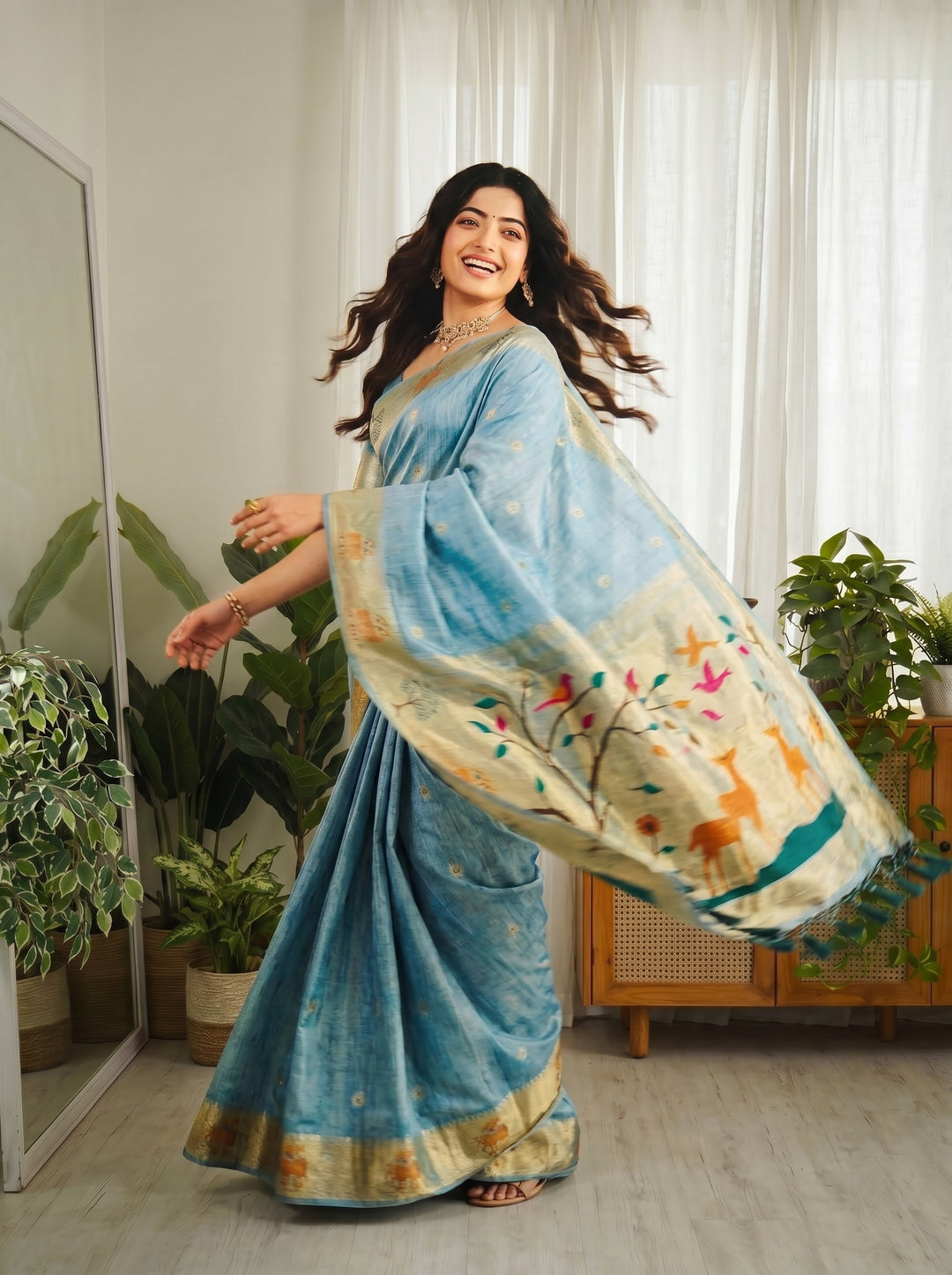 SKY BLUE SOFT COTTON SILK JACQUARD SAREE WITH ZARI BORDER | NATURE-INSPIRED DEER & BIRD MOTIFS DESIGNER SAREE WITH UNSTITCHED BLOUSE PIECE