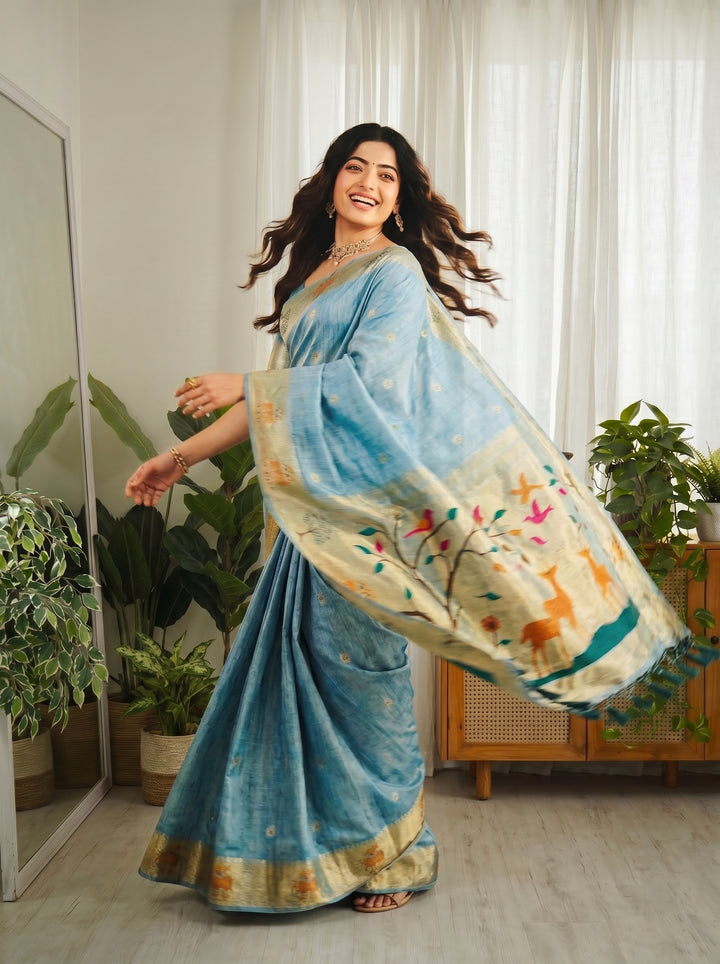 SKY BLUE SOFT COTTON SILK JACQUARD SAREE WITH ZARI BORDER | NATURE-INSPIRED DEER & BIRD MOTIFS DESIGNER SAREE WITH UNSTITCHED BLOUSE PIECE