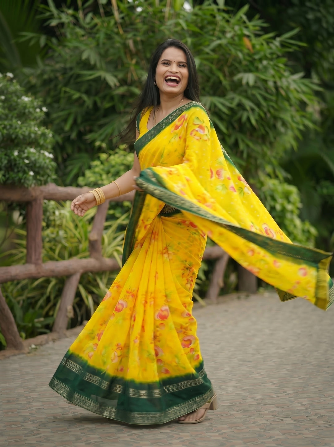 LEMON YELLOW & BOTTLE GREEN FLORAL DIGITAL PRINT SAREE | PREMIUM LIGHTWEIGHT GEORGETTE ETHNIC WEAR