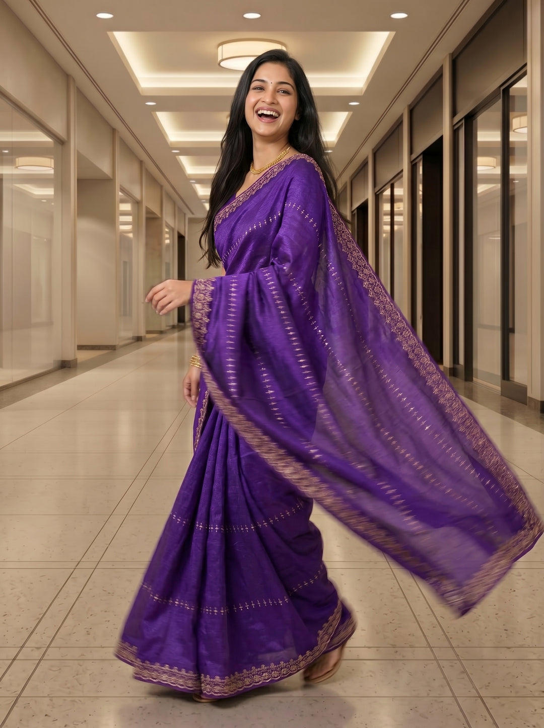 Royal Purple Silk Saree with Rose Gold Zari Border