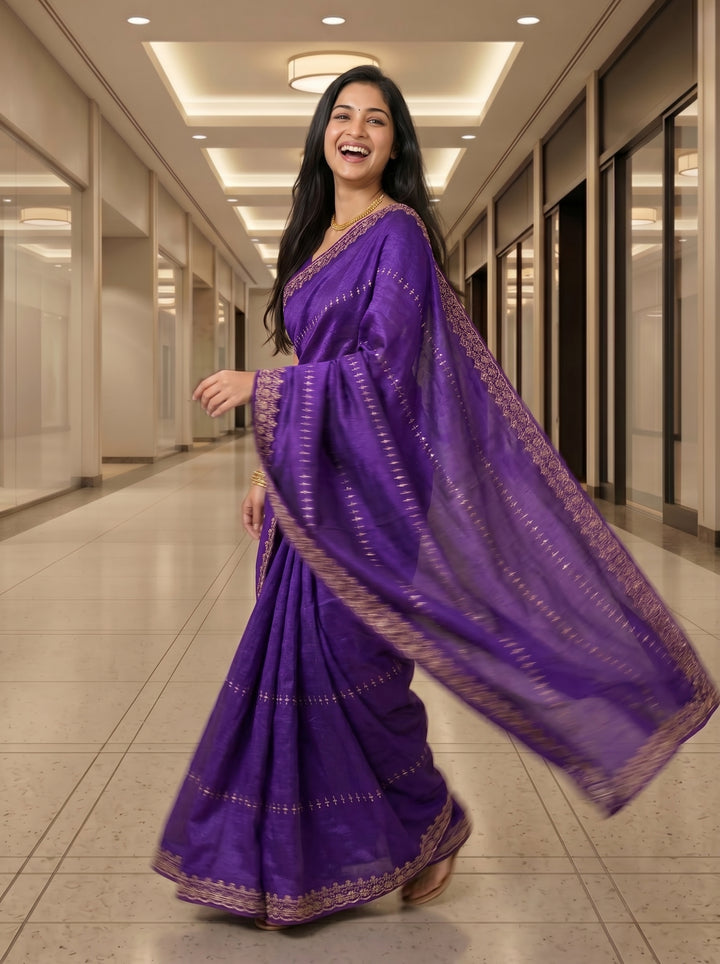 Royal Purple Silk Saree with Rose Gold Zari Border