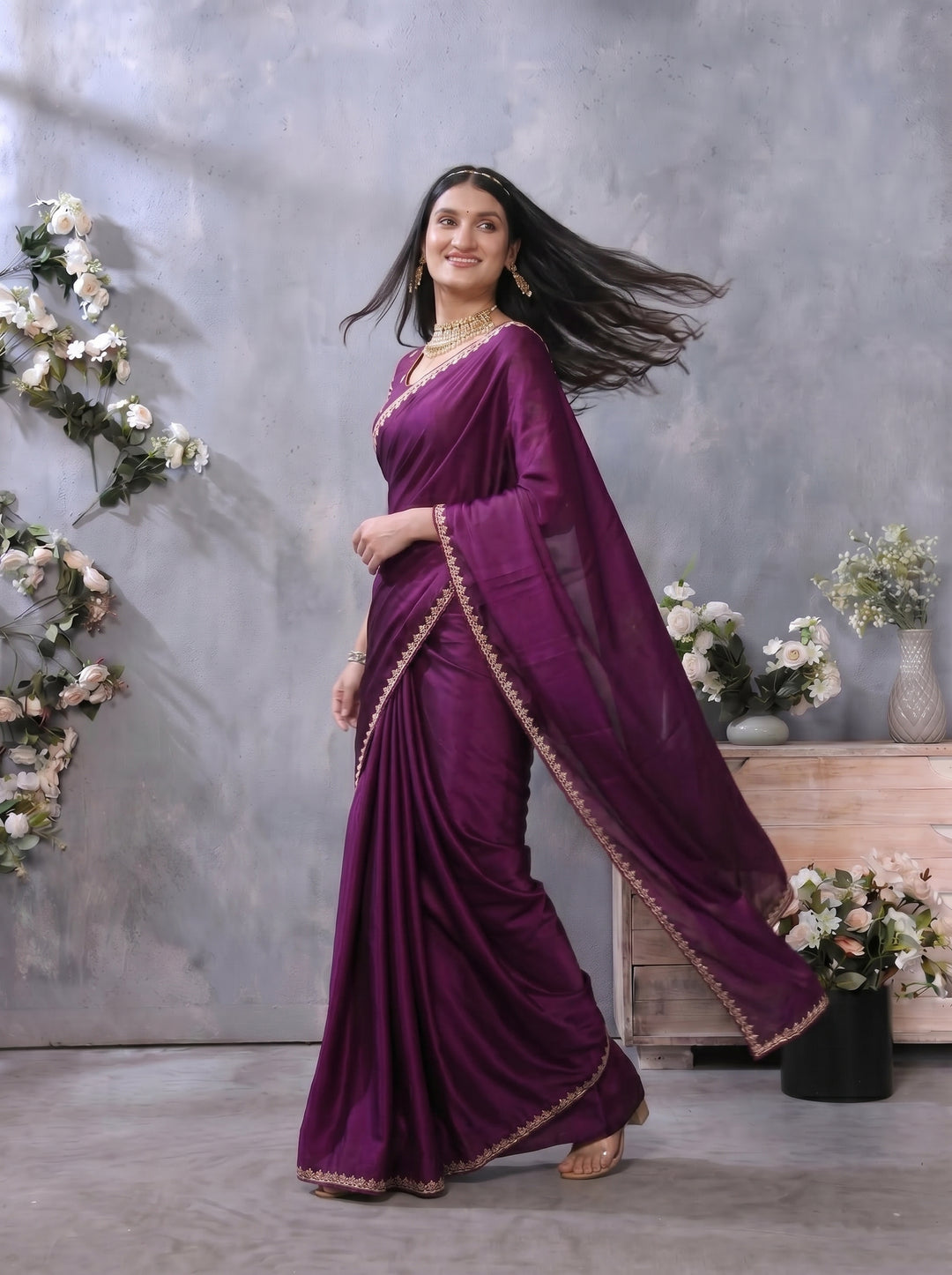 PREMIUM SOFT DILMOHI SILK SAREE WITH SCALLOPED EMBROIDERY BORDER & HEAVY WORK BLOUSE PIECE