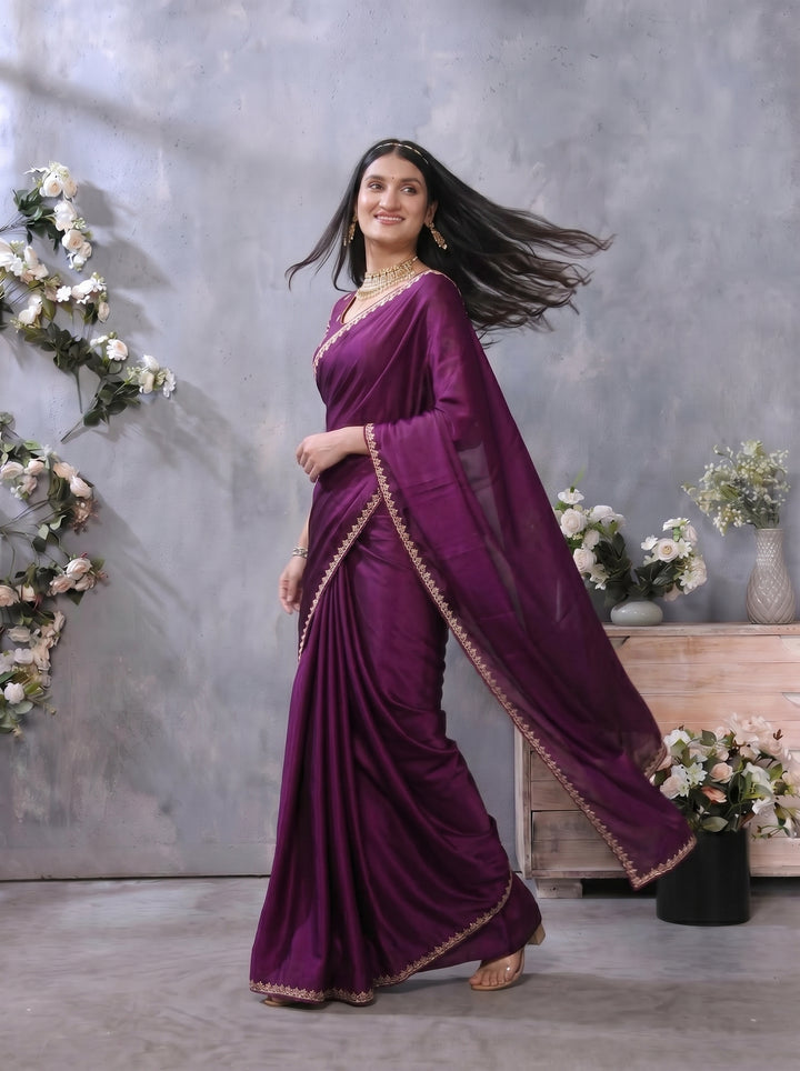 PREMIUM SOFT DILMOHI SILK SAREE WITH SCALLOPED EMBROIDERY BORDER & HEAVY WORK BLOUSE PIECE