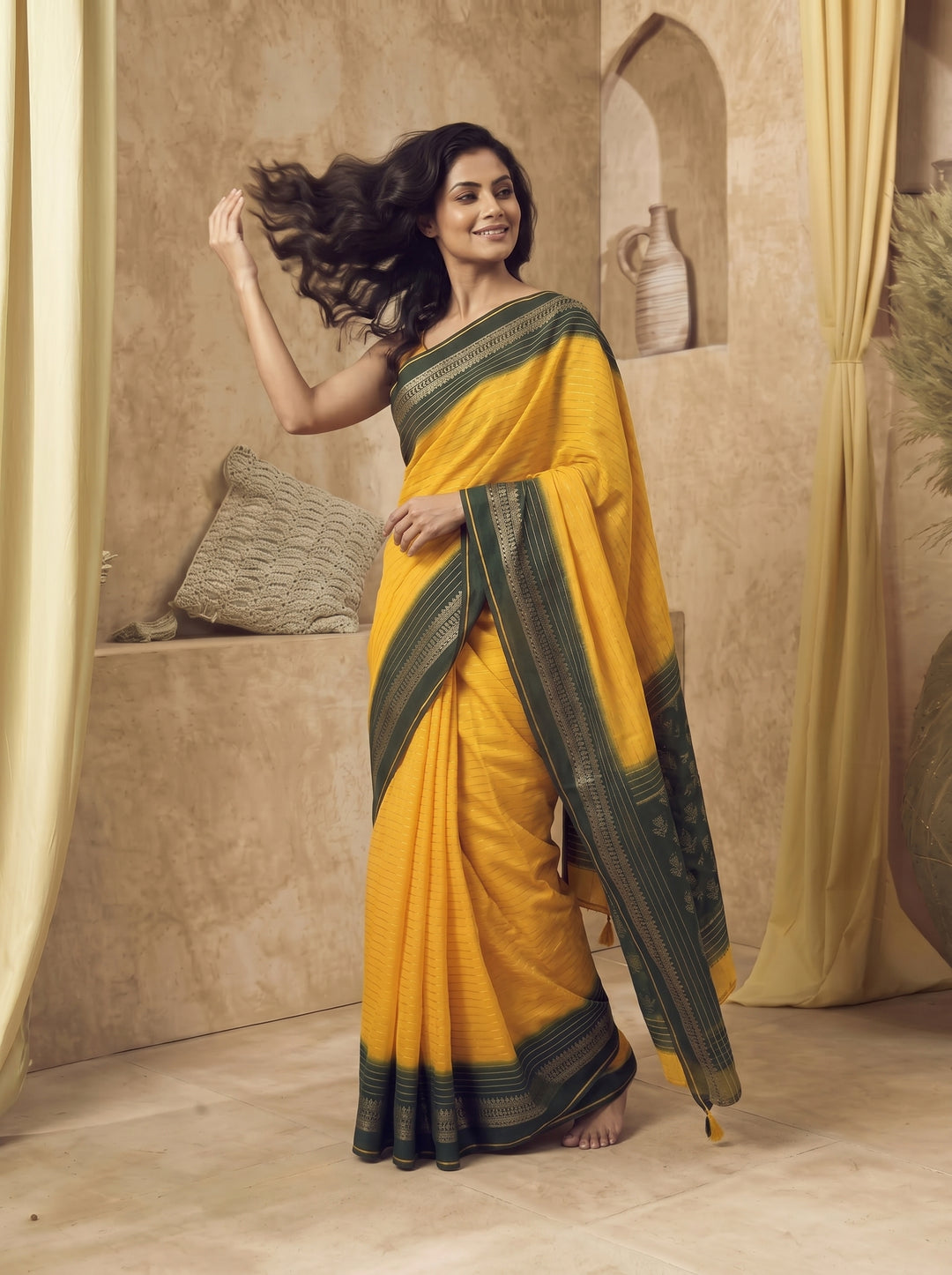 YELLOW SOFT SILK JACQUARD WOVEN SAREE WITH DARK GREEN ZARI BORDER | GOLD ZARI LEHERIYA PATTERN FESTIVE SAREE WITH UNSTITCHED BLOUSE PIECE