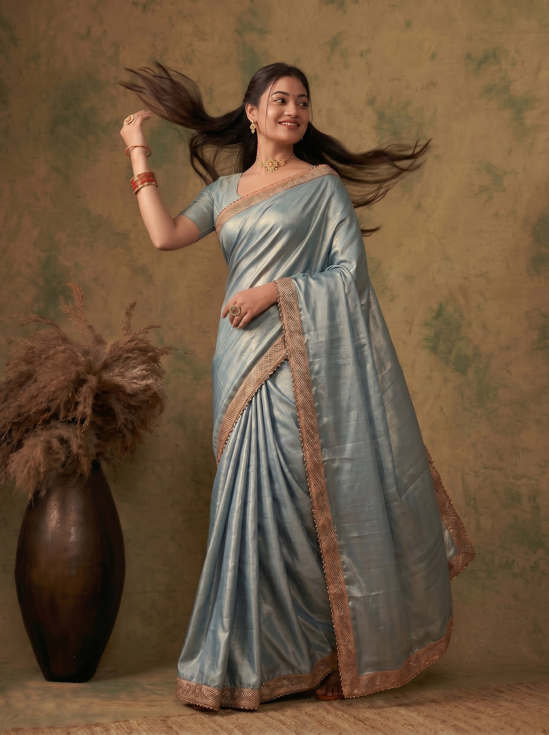 STUNNING DUSTY BLUE METALLIC GEORGETTE SAREE | ROSE-GOLD CUTWORK BORDER DESIGNER ETHNIC WEAR | GLAMOROUS STEEL GREY PARTY WEAR SAREE