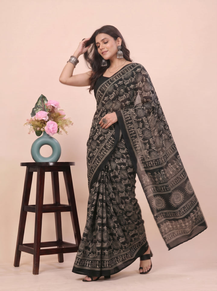 PREMIUM SOFT ART SILK WARLI PRINT SAREE WITH TRADITIONAL TRIBAL ART & MATCHING BLOUSE - BLACK & WHITE
