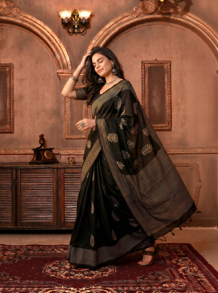 PREMIUM SOFT ART SILK SAREE WITH BLACK & WHITE STRIPED BORDER & ELEGANT LEAF MOTIFS - BLACK