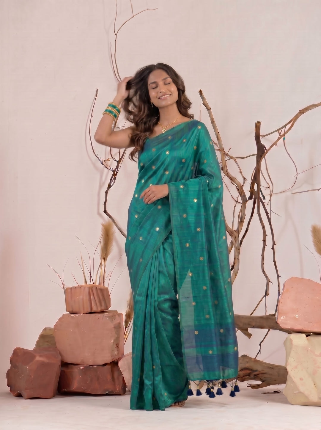 RAMA GREEN SOFT SILK BLEND SAREE WITH MIRROR WORK BUTTI & STYLISH TASSELS | CHANDERI SILK PARTY WEAR SAREE WITH UNSTITCHED BLOUSE PIECE