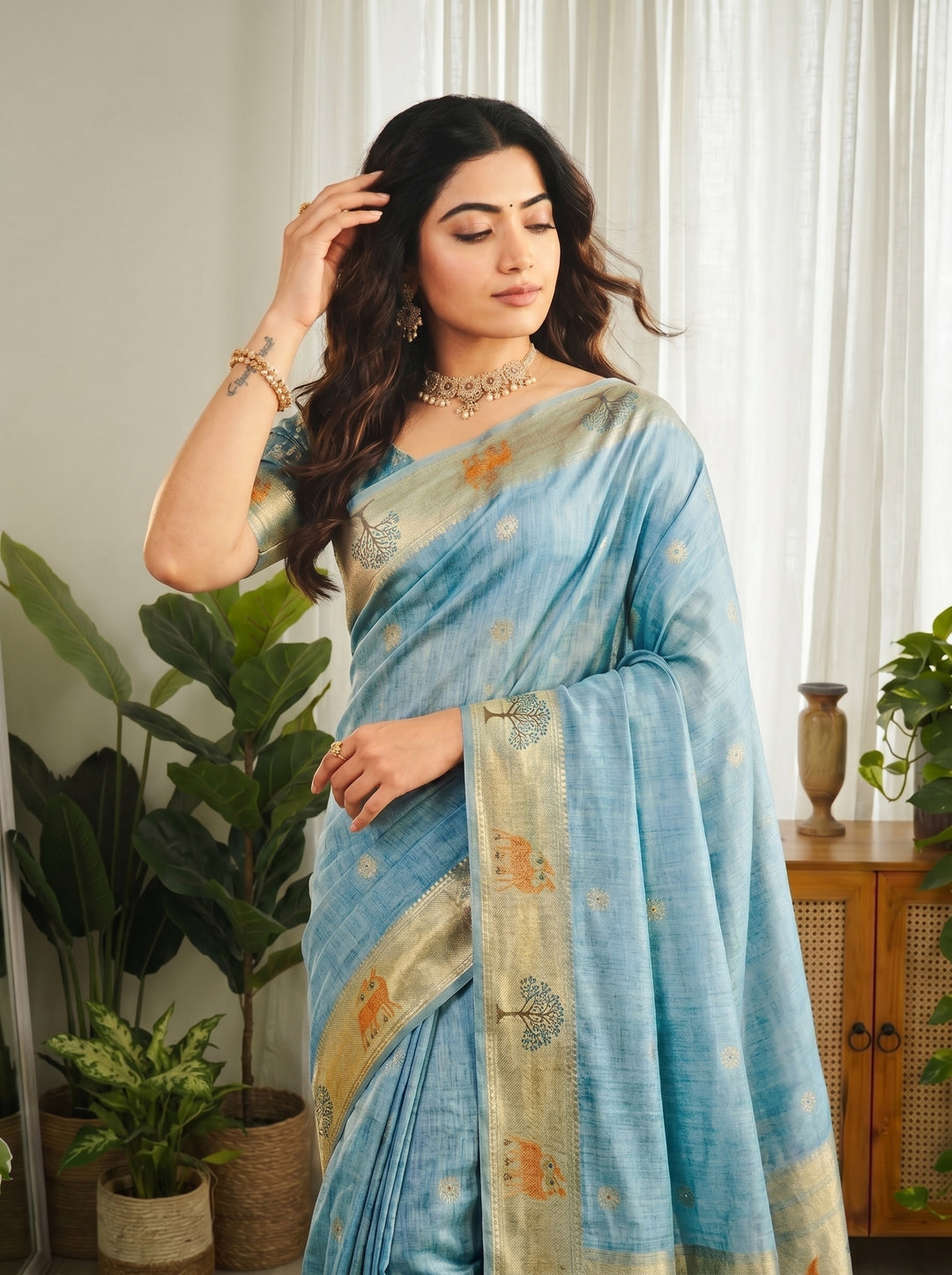 SKY BLUE SOFT COTTON SILK JACQUARD SAREE WITH ZARI BORDER | NATURE-INSPIRED DEER & BIRD MOTIFS DESIGNER SAREE WITH UNSTITCHED BLOUSE PIECE