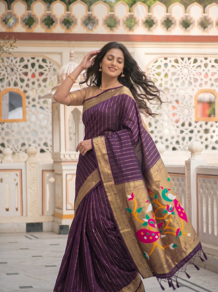 ROYAL WINE SOFT SILK PAITHANI STYLE SAREE WITH PEACOCK MOTIFS & ZARI BORDER | VERTICAL GOLD ZARI LINES FESTIVE SAREE WITH UNSTITCHED BLOUSE PIECE