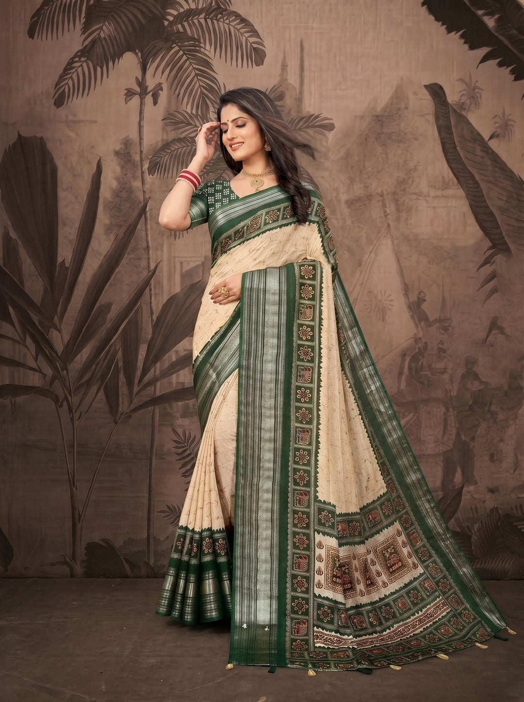 OFF-WHITE CREAM SOFT SILK SAREE - ROYAL PINK BORDER WITH TRADITIONAL CIRCULAR MOTIFS - DESIGNER BOUTIQUE STYLE ETHNIC WEAR FOR FESTIVALS & WEDDINGS