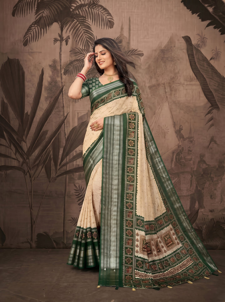 OFF-WHITE CREAM SOFT SILK SAREE - ROYAL PINK BORDER WITH TRADITIONAL CIRCULAR MOTIFS - DESIGNER BOUTIQUE STYLE ETHNIC WEAR FOR FESTIVALS & WEDDINGS