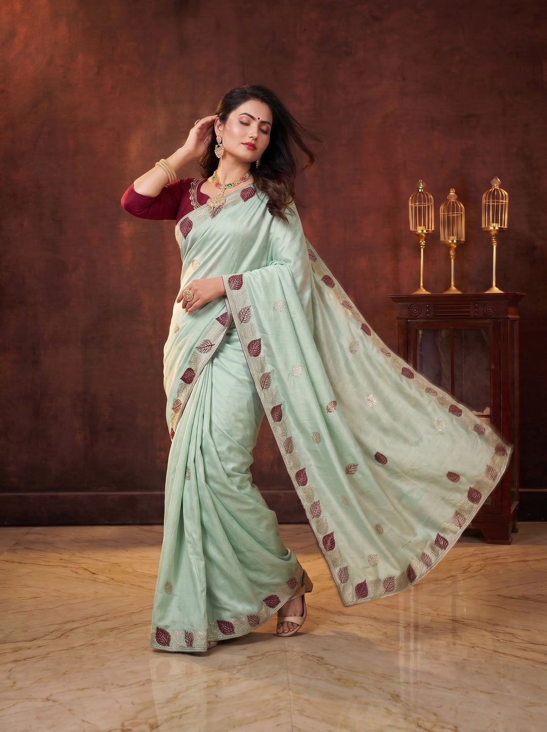 PASTEL PISTA GREEN SOFT SILK SAREE WITH RICH MAROON LEAF BUTTI WORK | MINIMALIST DESIGNER EMBROIDERY SAREE