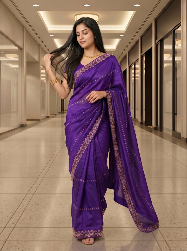 Royal Purple Silk Saree with Rose Gold Zari Border