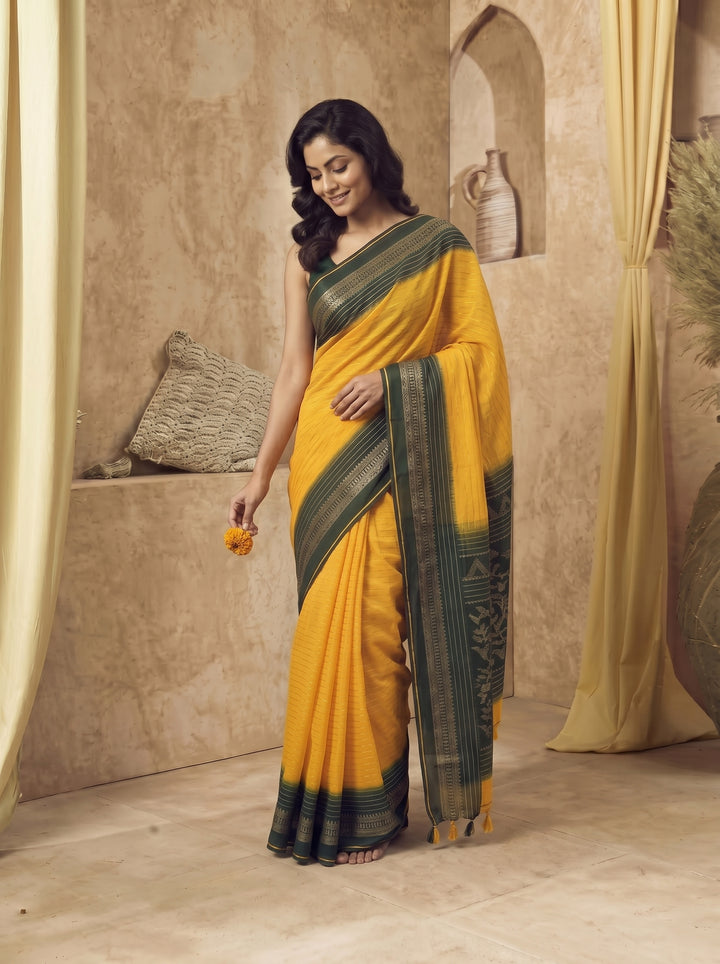 YELLOW SOFT SILK JACQUARD WOVEN SAREE WITH DARK GREEN ZARI BORDER | GOLD ZARI LEHERIYA PATTERN FESTIVE SAREE WITH UNSTITCHED BLOUSE PIECE