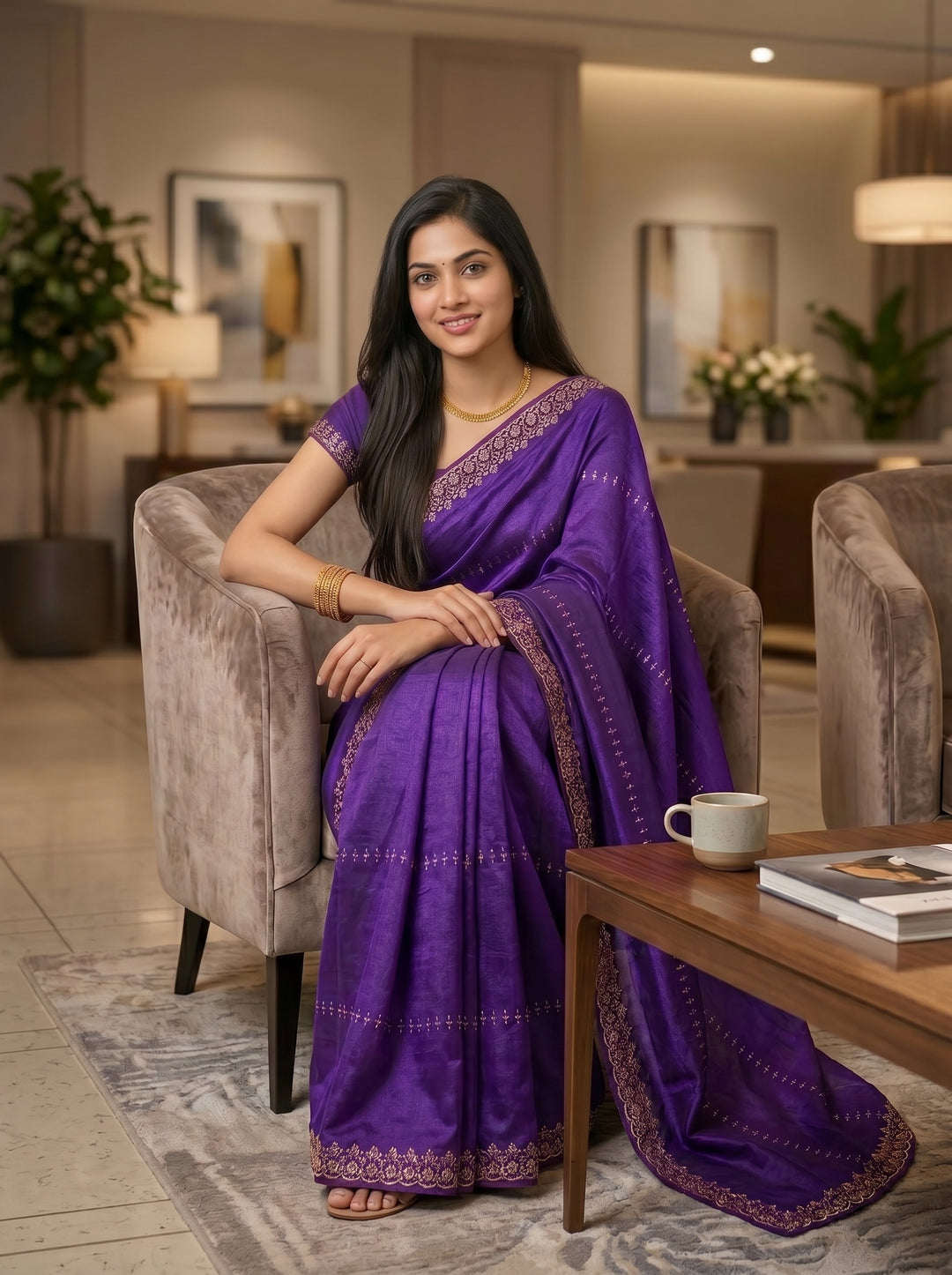 Royal Purple Silk Saree with Rose Gold Zari Border