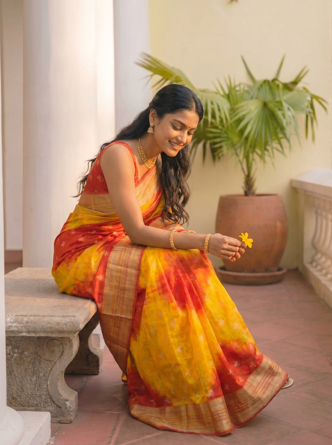 PREMIUM LIGHTWEIGHT GEORGETTE LEHERIYA SAREE WITH GOLDEN BUTTI & ZARI WOVEN BORDER - BLUE & YELLOW
