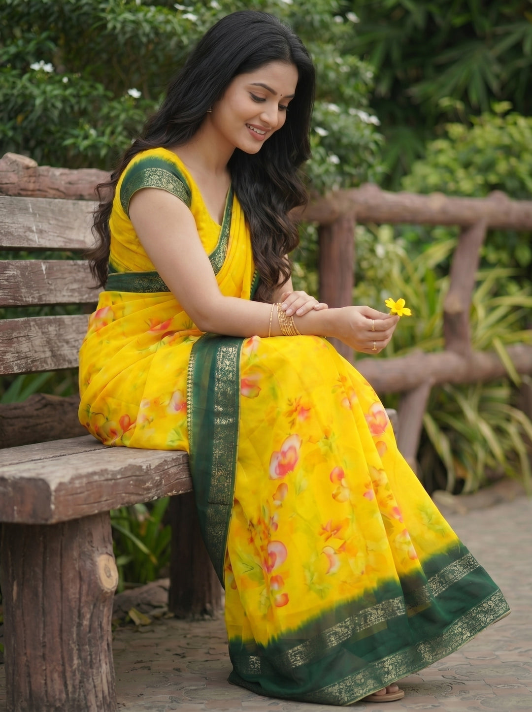 Yellow Floral Print Georgette Saree with Green Border