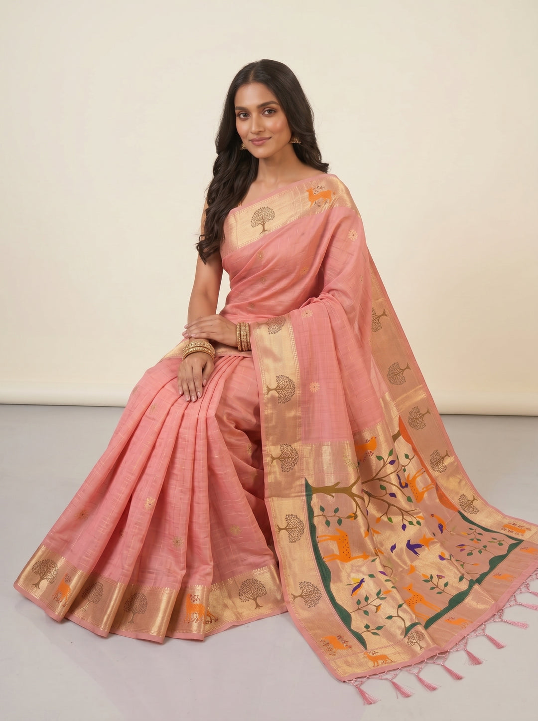 PEACH PINK SOFT COTTON SILK JACQUARD SAREE WITH COPPER-GOLDEN ZARI BORDER | NATURE-INSPIRED TREE & DEER MOTIF SAREE WITH UNSTITCHED BLOUSE