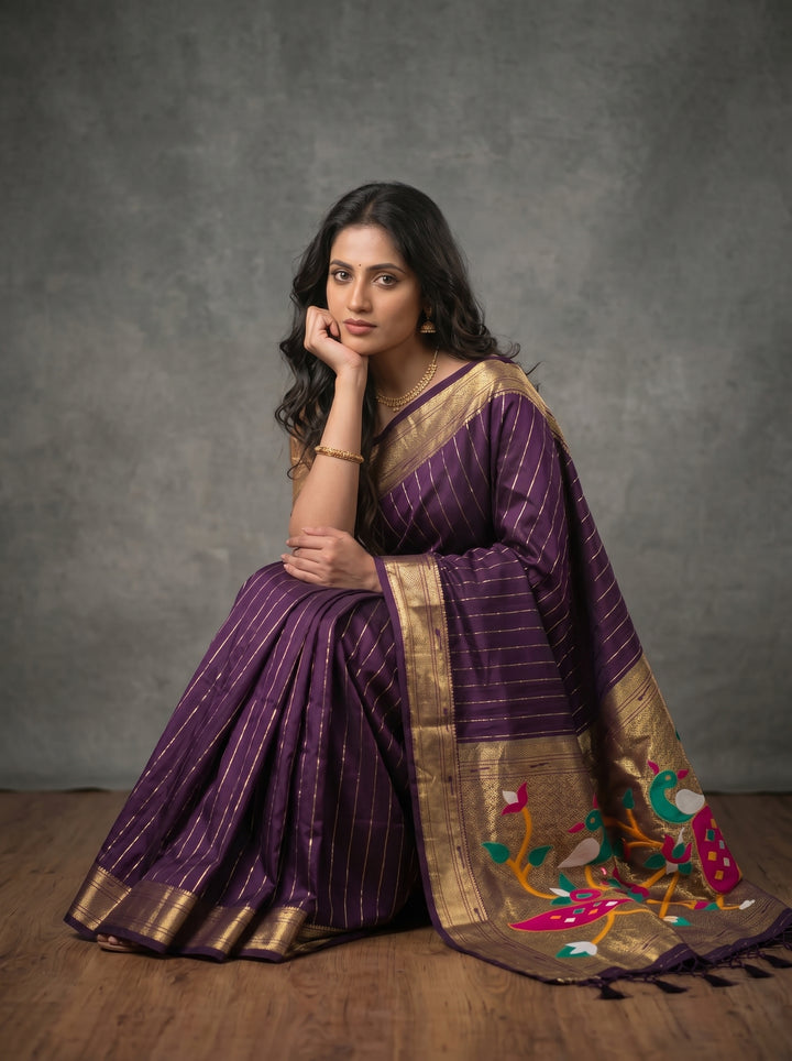 ROYAL WINE SOFT SILK PAITHANI STYLE SAREE WITH PEACOCK MOTIFS & ZARI BORDER | VERTICAL GOLD ZARI LINES FESTIVE SAREE WITH UNSTITCHED BLOUSE PIECE
