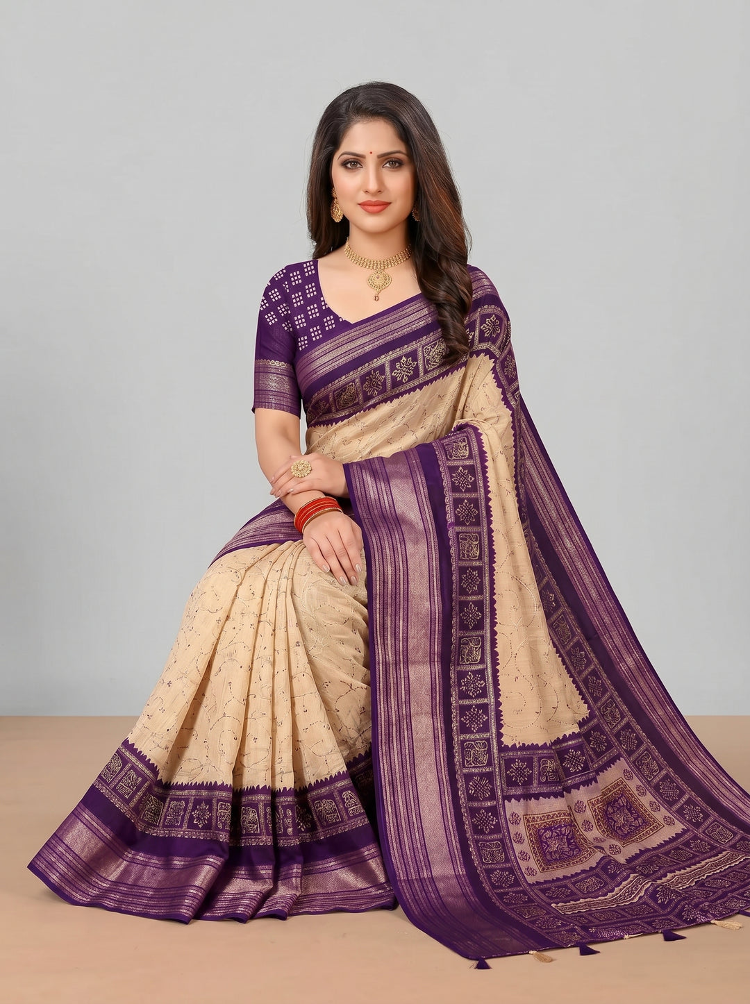 CREAM & ROYAL PURPLE SOFT SILK SAREE - TRADITIONAL ETHNIC PRINTS & JACQUARD BORDER