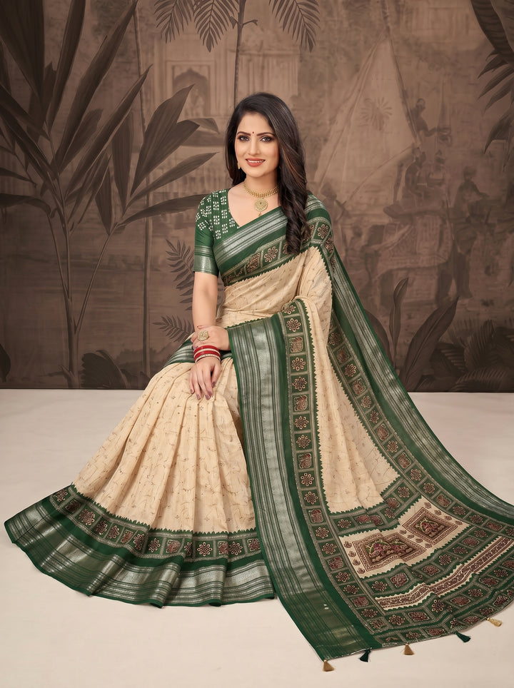 OFF-WHITE CREAM SOFT SILK SAREE - ROYAL PINK BORDER WITH TRADITIONAL CIRCULAR MOTIFS - DESIGNER BOUTIQUE STYLE ETHNIC WEAR FOR FESTIVALS & WEDDINGS