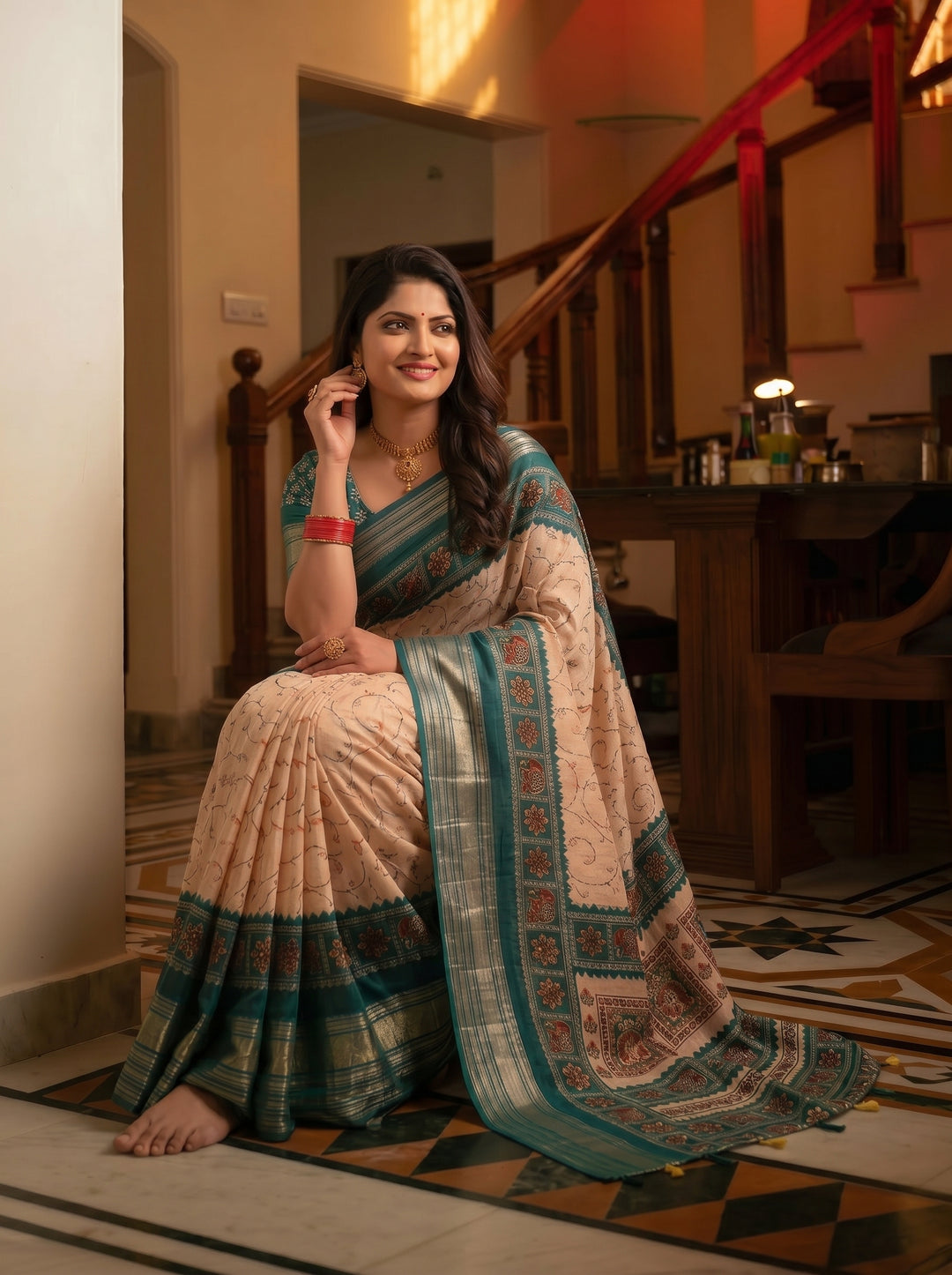 OFF-WHITE CREAM SOFT SILK SAREE - NAVY BLUE BORDER WITH ETHNIC MANDALA & FLORAL PRINTS - PREMIUM SLUB TEXTURE BOUTIQUE SAREE WITH CONTRAST BLOUSE PIECE
