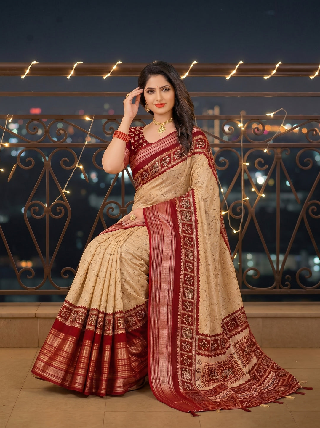OFF-WHITE CREAM SOFT SILK SAREE - DARK RED MAROON BORDER WITH ETHNIC ELEPHANT BLOCK-PRINT DESIGN