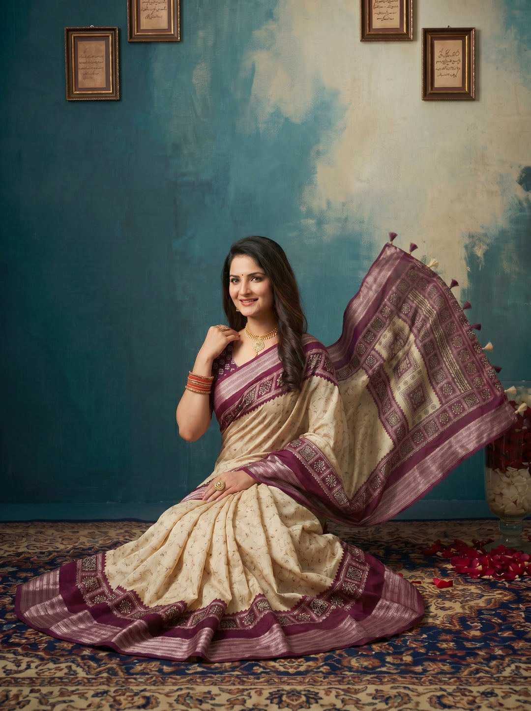 SOFT SILK ETHNIC JACQUARD WOVEN SAREE IN OFF-WHITE & WINE PURPLE | TRADITIONAL ELEPHANT MOTIF PRINTED PALLU WITH UNSTITCHED BLOUSE PIECE