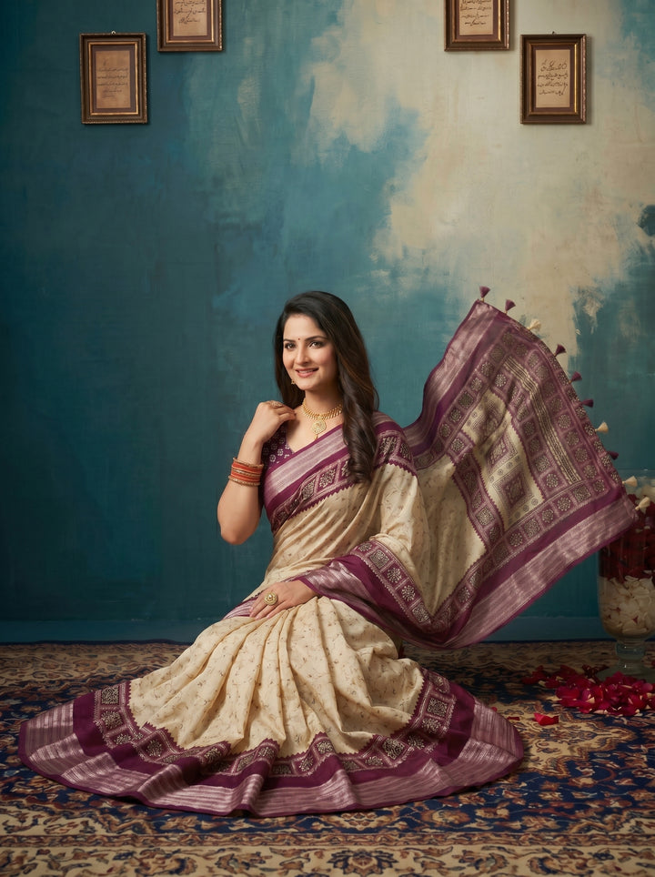 SOFT SILK ETHNIC JACQUARD WOVEN SAREE IN OFF-WHITE & WINE PURPLE | TRADITIONAL ELEPHANT MOTIF PRINTED PALLU WITH UNSTITCHED BLOUSE PIECE