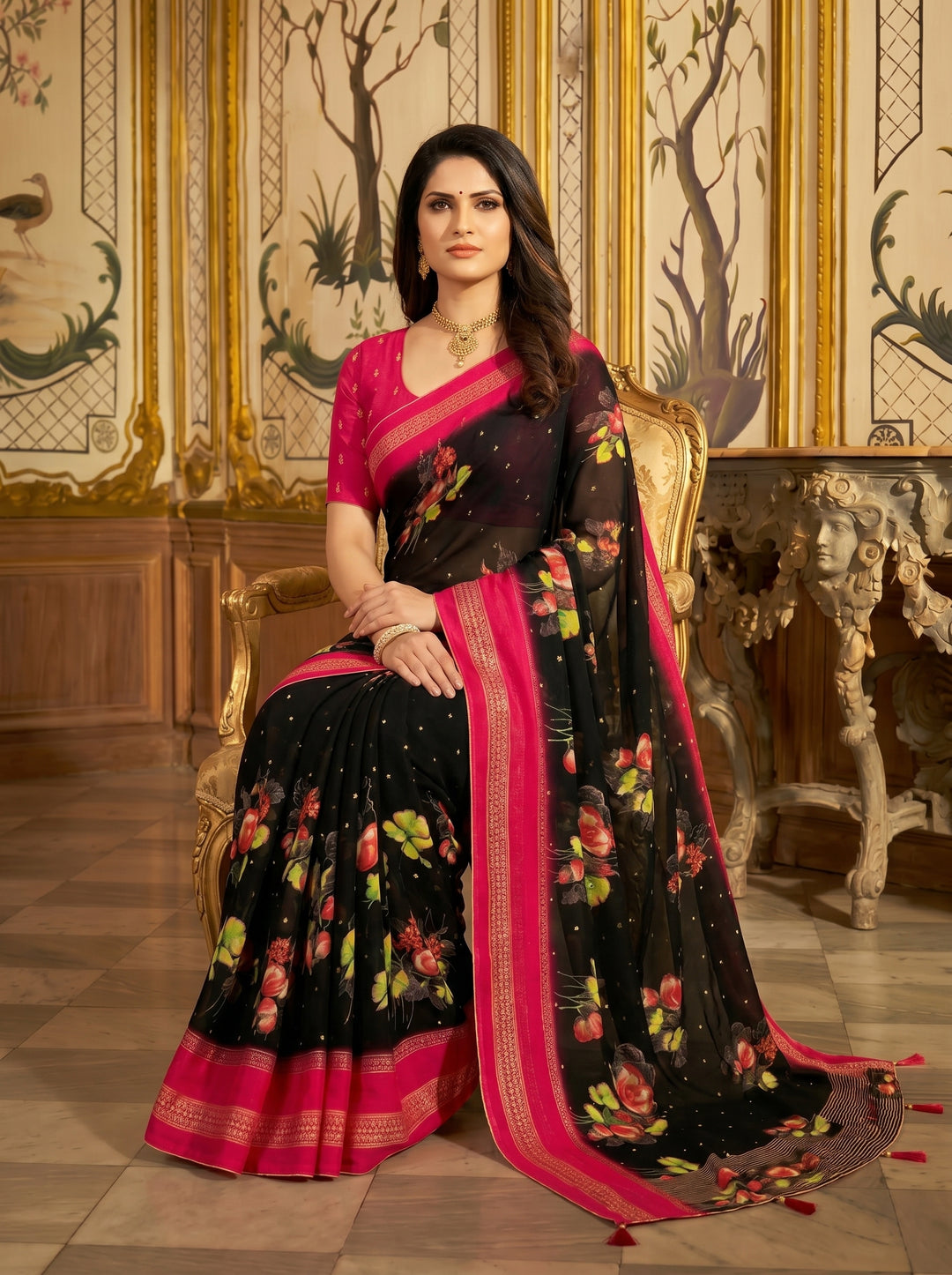 ELEGANT BLACK & PINK FLORAL PRINT GEORGETTE SAREE | DESIGNER CONTRAST BORDER WITH GEOMETRIC PATTERNS