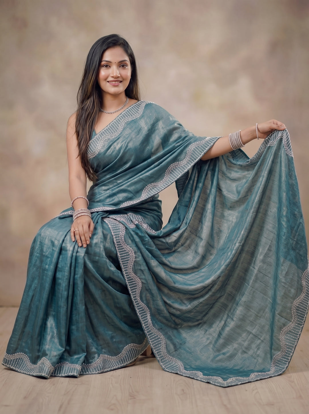 Ocean Teal Shimmer Silk Saree with Designer Scallop Border