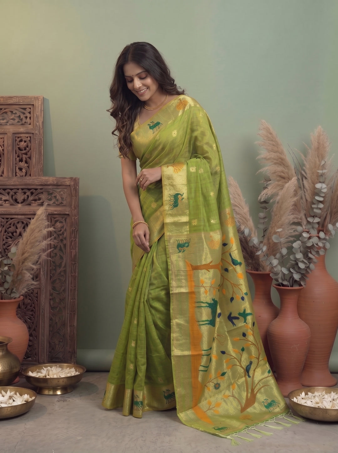 MEHENDI GREEN SOFT COTTON SILK JACQUARD SAREE WITH GOLDEN ZARI BORDER | DEER & TREE MOTIF DESIGNER SAREE WITH UNSTITCHED BLOUSE PIECE