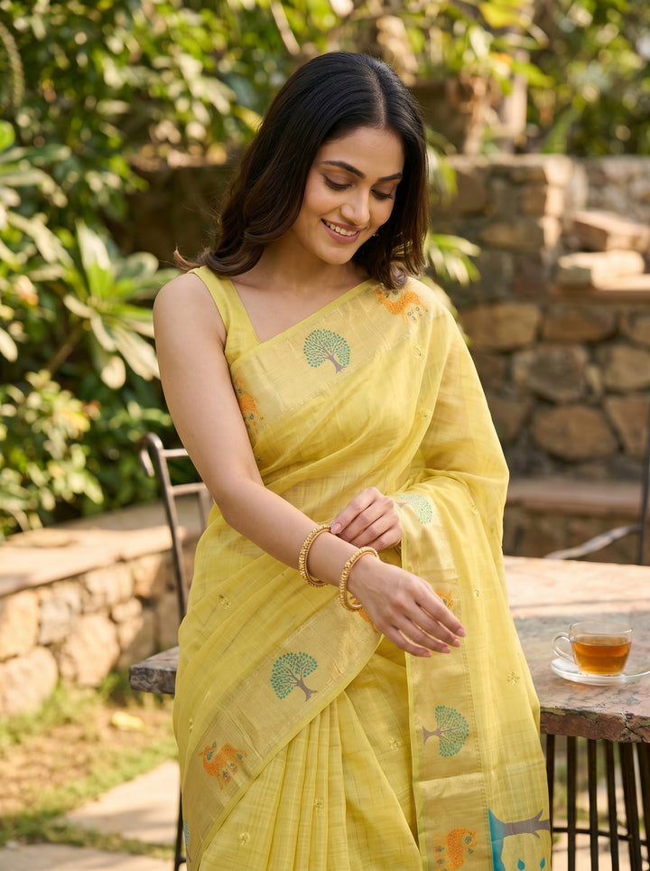 LEMON YELLOW SOFT COTTON SILK JACQUARD SAREE WITH GOLDEN ZARI BORDER | NATURE-THEMED TREE & DEER MOTIF SAREE WITH UNSTITCHED BLOUSE PIECE