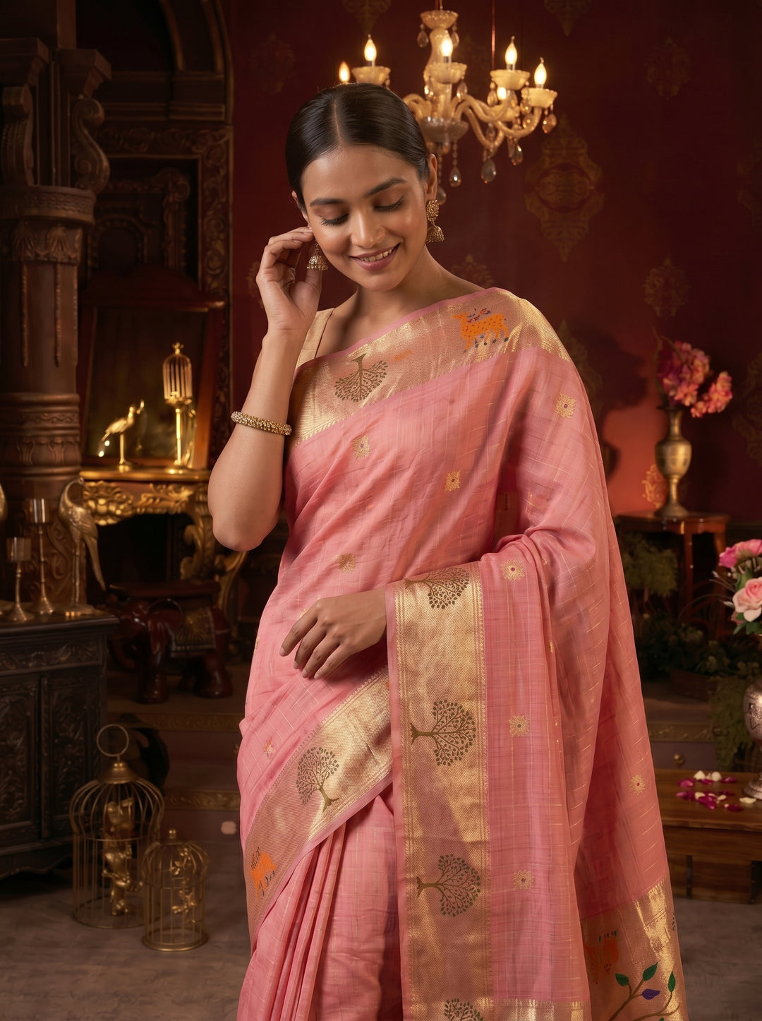 PEACH PINK SOFT COTTON SILK JACQUARD SAREE WITH COPPER-GOLDEN ZARI BORDER | NATURE-INSPIRED TREE & DEER MOTIF SAREE WITH UNSTITCHED BLOUSE