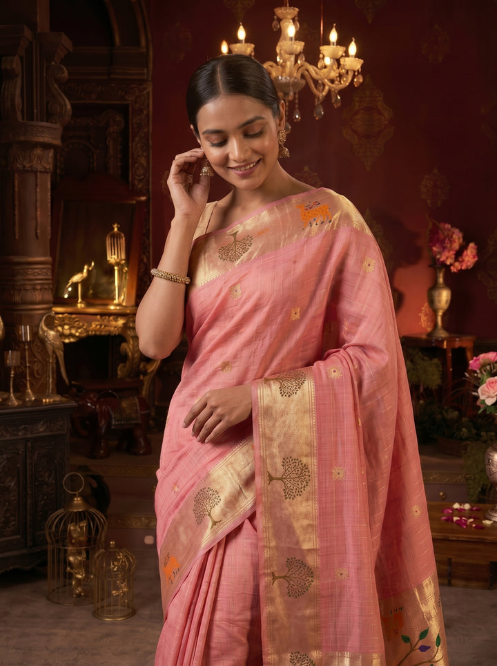PEACH PINK SOFT COTTON SILK JACQUARD SAREE WITH COPPER-GOLDEN ZARI BORDER | NATURE-INSPIRED TREE & DEER MOTIF SAREE WITH UNSTITCHED BLOUSE
