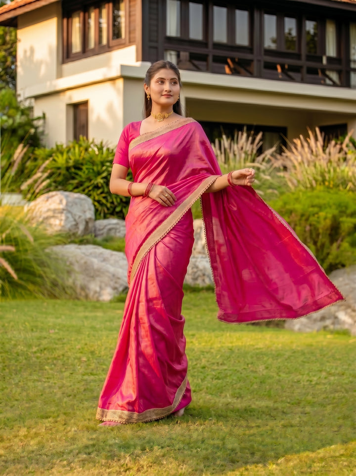 STUNNING RANI PINK METALLIC SHIMMER SAREE | DEEP MAGENTA DESIGNER ETHNIC WEAR WITH CUTWORK BORDER