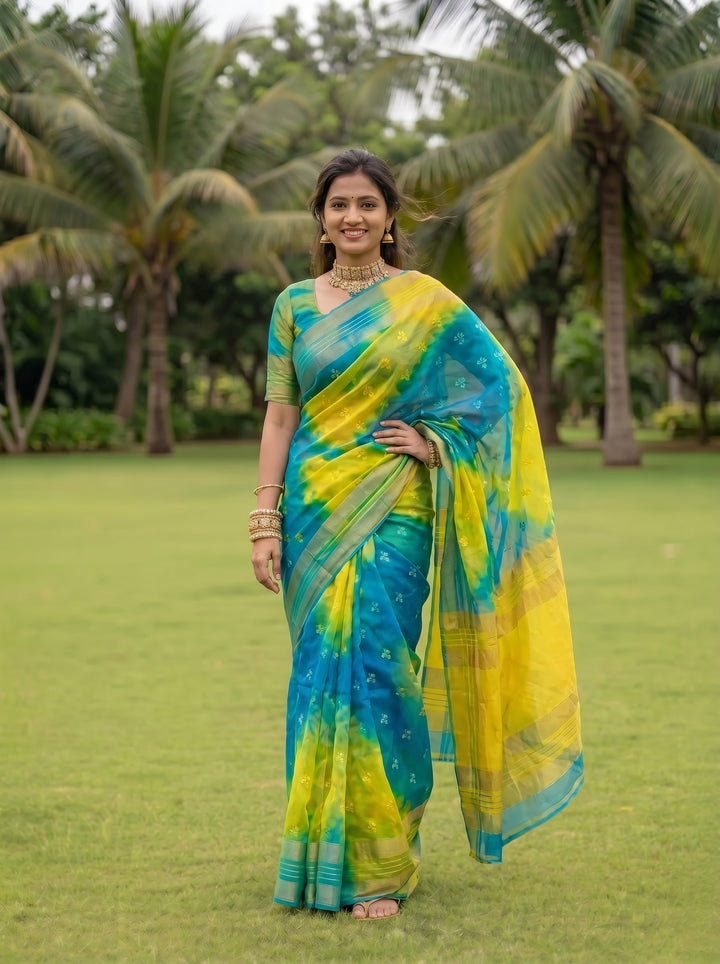PREMIUM LIGHTWEIGHT GEORGETTE LEHERIYA SAREE WITH GOLDEN BUTTI & ZARI WOVEN BORDER - BLUE & YELLOW