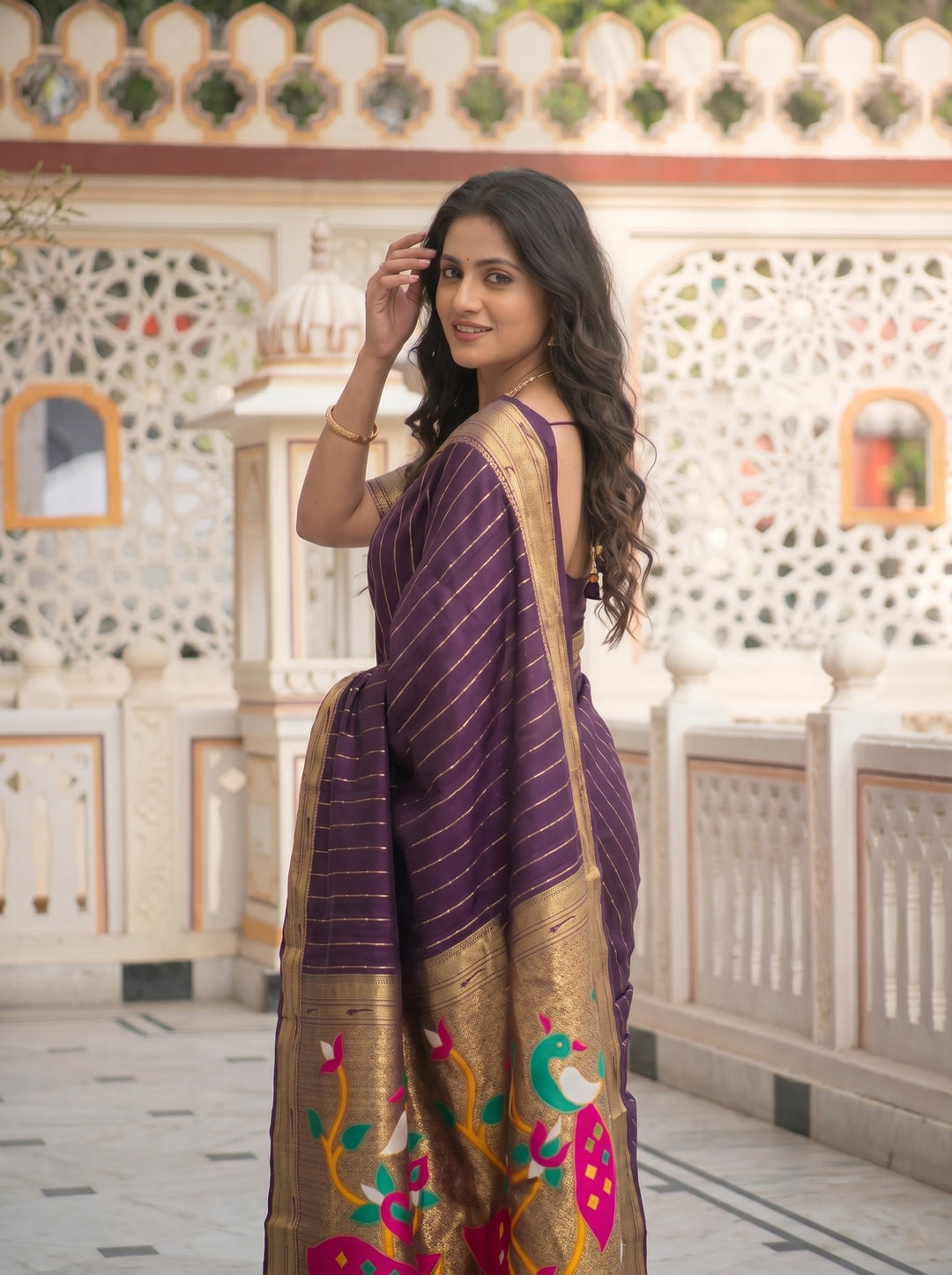 ROYAL WINE SOFT SILK PAITHANI STYLE SAREE WITH PEACOCK MOTIFS & ZARI BORDER | VERTICAL GOLD ZARI LINES FESTIVE SAREE WITH UNSTITCHED BLOUSE PIECE