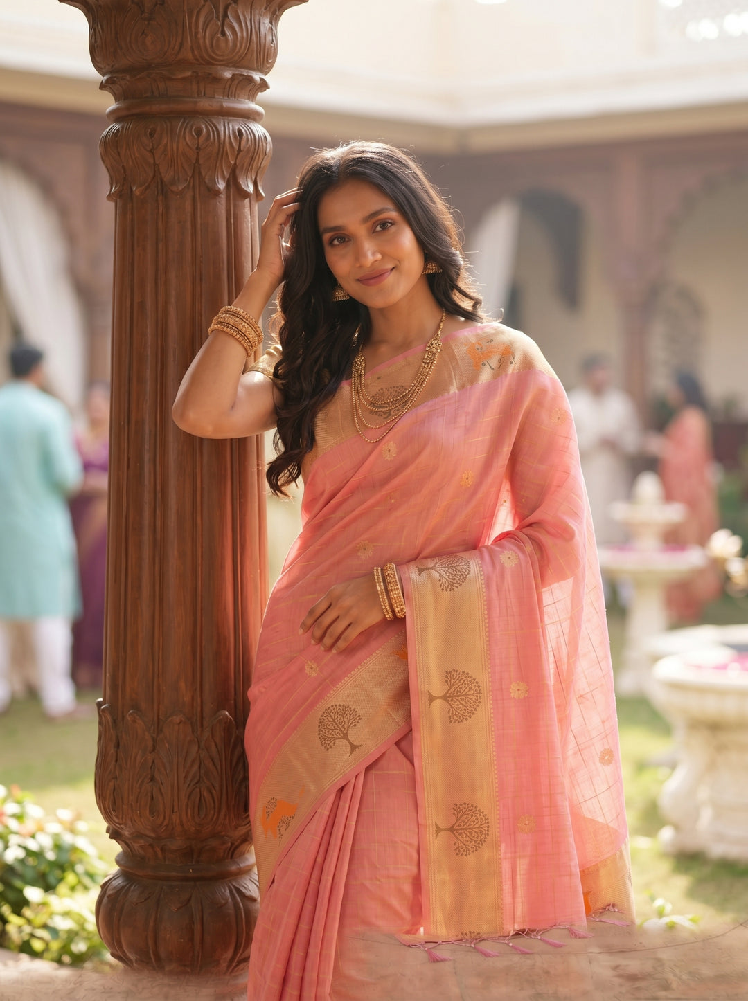 PEACH PINK SOFT COTTON SILK JACQUARD SAREE WITH COPPER-GOLDEN ZARI BORDER | NATURE-INSPIRED TREE & DEER MOTIF SAREE WITH UNSTITCHED BLOUSE